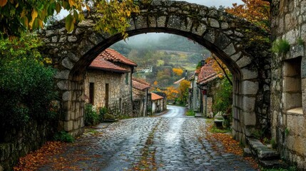 Fototapeta premium A rustic old overpass with a cobblestone road, leading through a small European village
