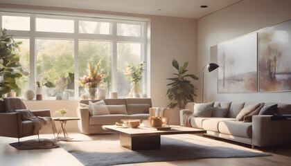 Fototapeta premium Modern living room interior with fireplace, featuring plush sofa, elegant furniture, and large windows
