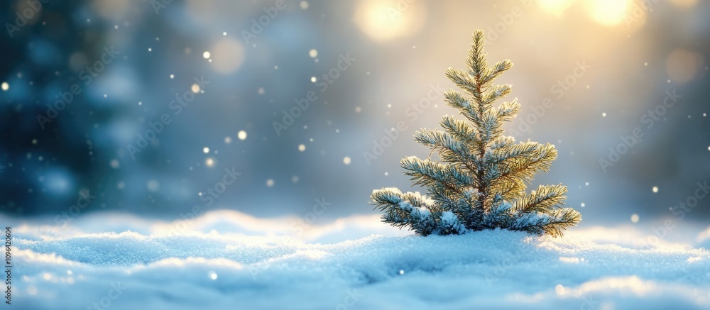 Poster snow-covered pine tree surrounded by fresh white snow and a blurred blue background creating a seren
