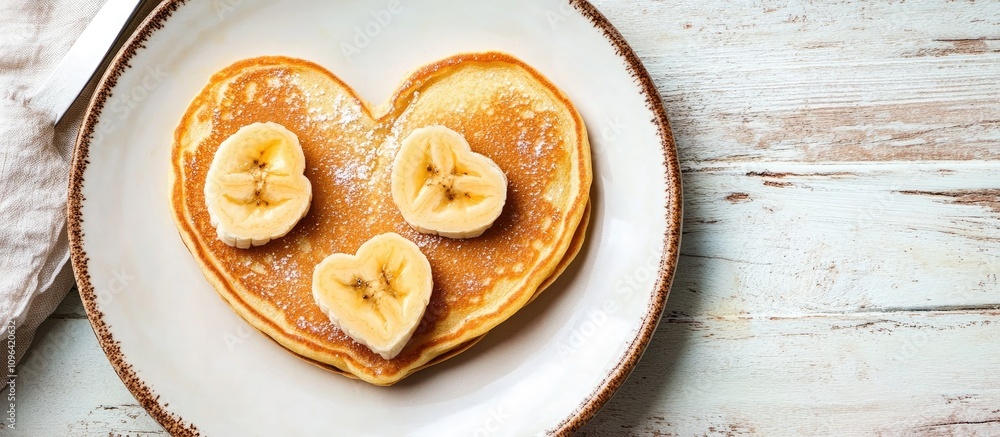 Aufkleber Heart-shaped pancakes with banana slices on a rustic wooden table creating a cozy and appetizing breakfast scene.