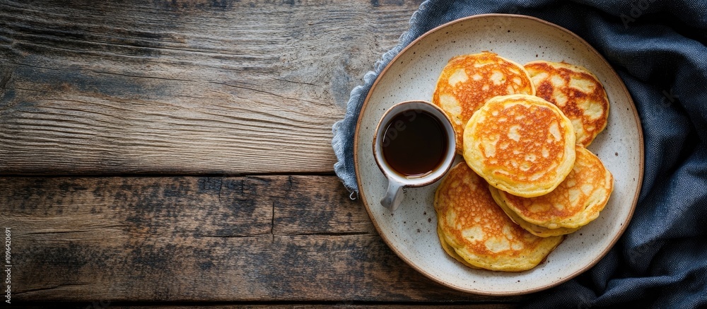 Poster delicious potato pancakes served on a rustic wooden table with a drizzle of syrup for a cozy breakfa