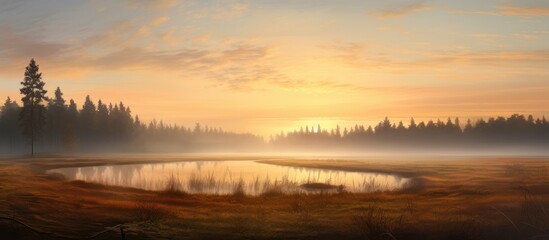 tranquil sunrise landscape reflecting serene light over calm water surrounded by trees and mist in a peaceful natural setting