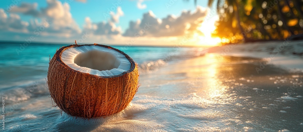 Poster Coconut on sandy beach at sunset with calm waves and palm trees creating a serene tropical atmosphere for relaxation and enjoyment
