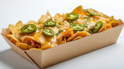 Box of Nachos with Melted Cheese and Jalapeños