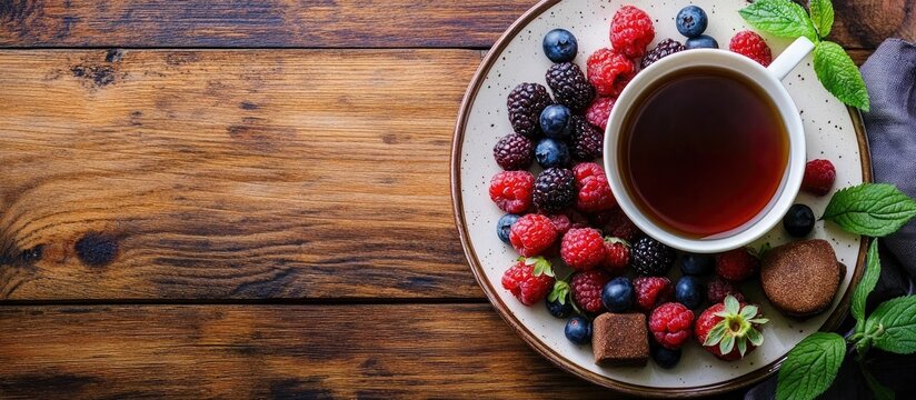 Arabian tea with assorted berries and traditional sweets on a rustic wooden table setting