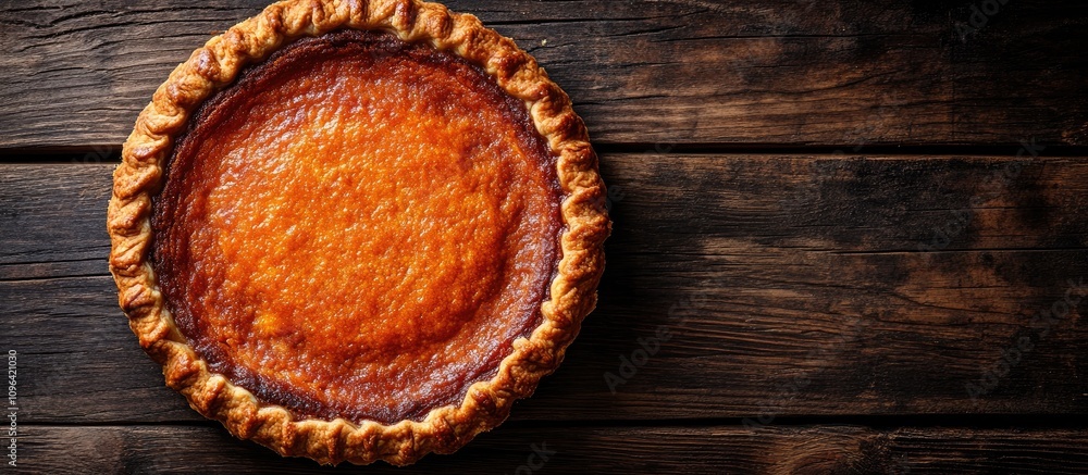 Poster pumpkin pie on rustic wooden table top view showcasing its golden crust and rich filling perfect for