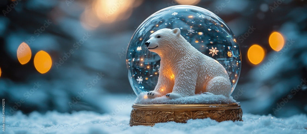 Aufkleber Snow globe with a polar bear illuminated by bokeh lights in a winter setting showcasing festive charm and seasonal warmth.