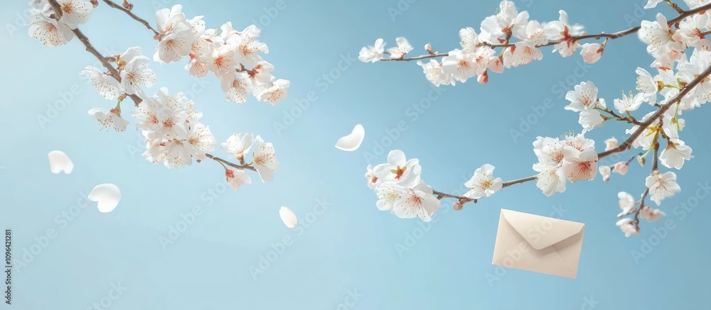 Poster spring greeting card design with flowering apricot branch and envelope on a soft blue background sho