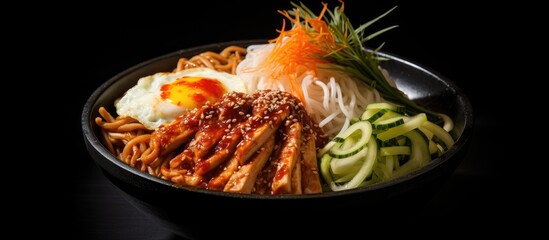 Traditional Korean lunch featuring rice, noodles, and vegetables on a black backdrop showcasing authentic cuisine presentation.