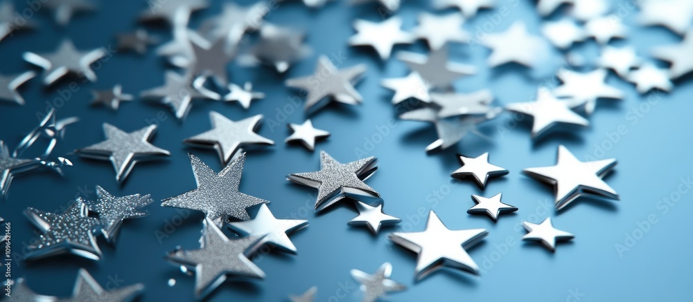 Poster scattered silvery stars of diverse sizes creating a shimmering effect on a smooth blue surface backg