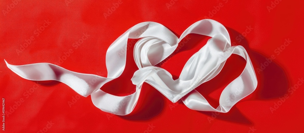 Poster elegant satin ribbon forming a heart shape on vibrant red paper backdrop creating a romantic concept