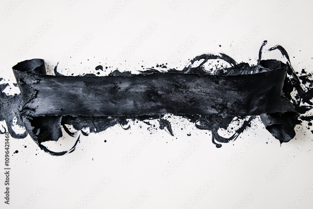 Poster an abstract black paint stroke with rough edges and expressive splatters spreads across a clean whit