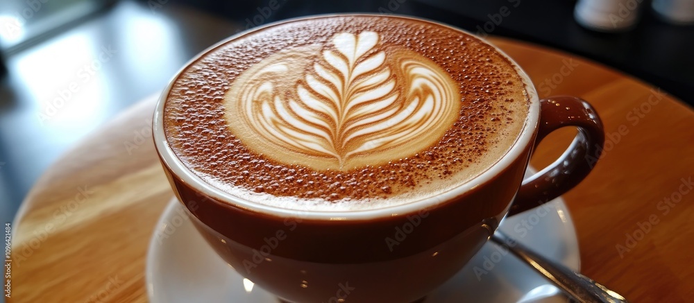 Poster artfully crafted latte with intricate foam design served in a rustic coffee cup on a wooden table ca