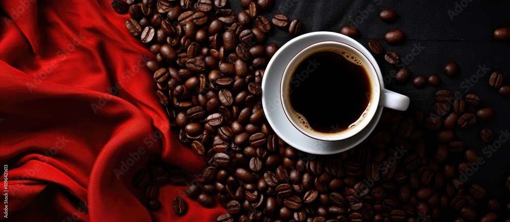 Poster coffee mug on a fabric cloth surrounded by coffee beans on a black table with space for text above v