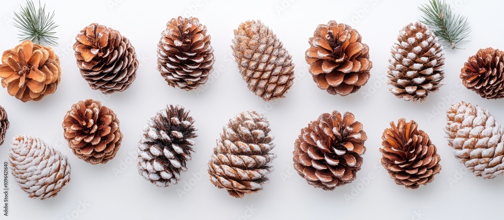Poster assorted pine cones arranged artistically on a white background showcasing natural textures and seas