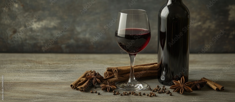 Poster mulled wine glass and spices on rustic wooden surface with a wine bottle in the background creating 