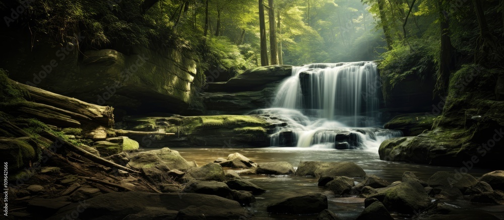 Poster lush forest waterfall cascading into serene river with sunlight filtering through trees creating a t