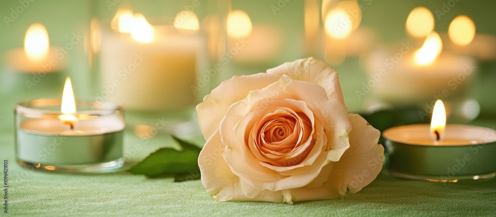 Poster elegant table setting with soft rose and glowing candles creating a serene atmosphere against a gent