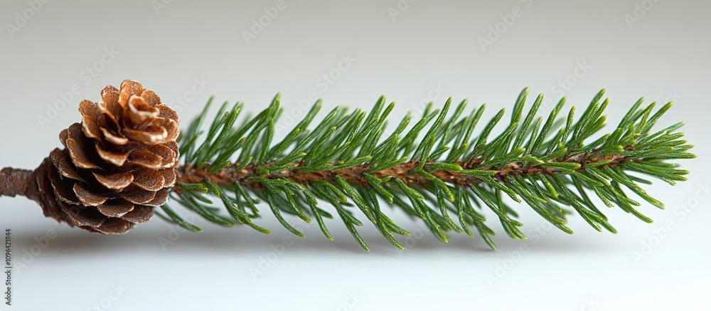 Poster Close-up of spruce branch with a pine cone isolated on a white background showcasing natural textures and vibrant green foliage