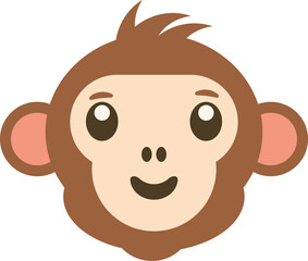 Illustration of a cute cartoon monkey face with large eyes, smiling mouth, and brown and beige colors
