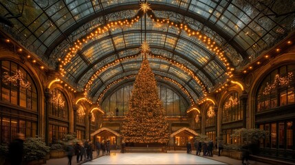 Naklejka premium Magical Urban Park Christmas Tree Golden Hour Photography