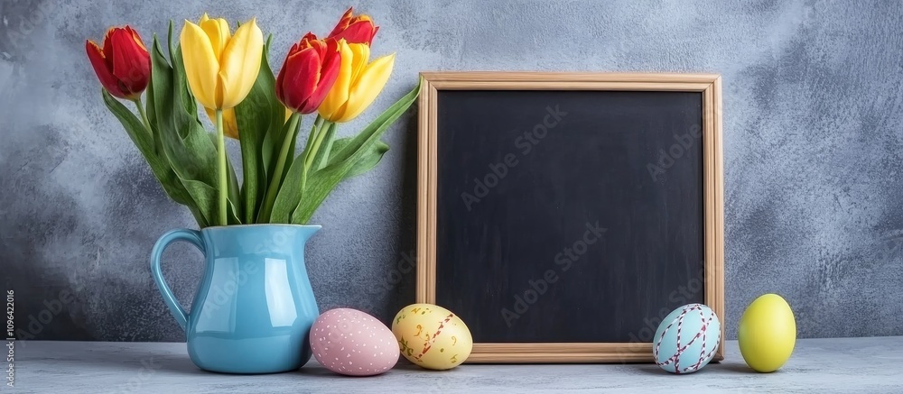 Poster colorful tulips in a blue pitcher with easter eggs and a blackboard creating an eco-friendly spring 