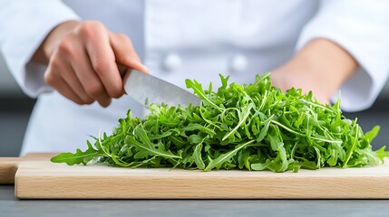 Chef in a Well-Lit Kitchen Carefully Inspecting Fresh Ingredients, Focusing on a Bountiful Pile of Greens and Preparing for a Culinary Creation