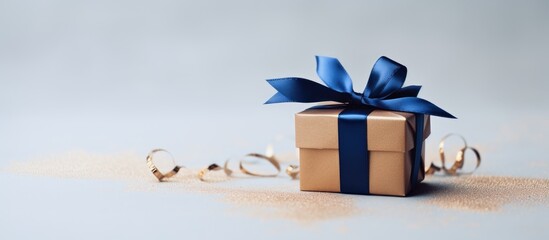 Elegant small gift box wrapped in blue ribbon on soft background with decorative curls and subtle shimmer effect for holidays or special occasions.