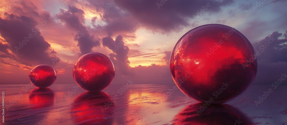 Poster three large red spheres reflecting a dramatic sunset on a serene surface with clouds in the backgrou