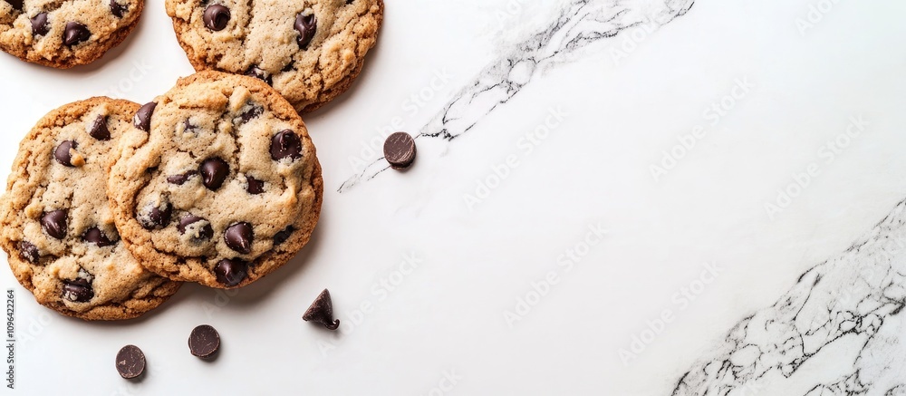 Poster Chocolate chip cookies arranged on a white surface with chocolate pieces creating an inviting and delicious dessert scene.