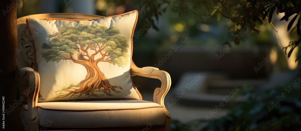 Poster cushion on an elegant chair with tree design illuminated by soft sunlight in a serene outdoor settin