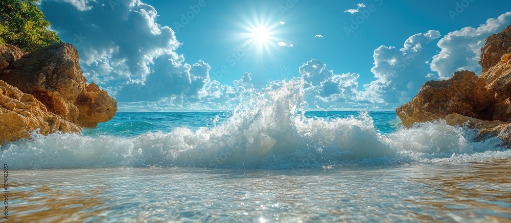 Poster ocean wave crashing on rocky shore with sunlit blue sky and scattered clouds creating a serene coast