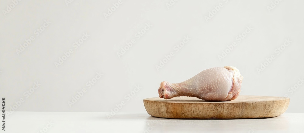 Poster raw chicken drumstick presented on a rustic wooden platter with a clean white background for culinar