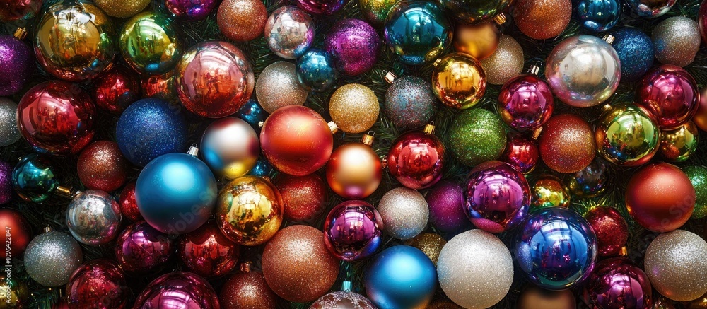 Poster vibrant collection of colorful christmas ornaments in various textures and sizes creating a festive 
