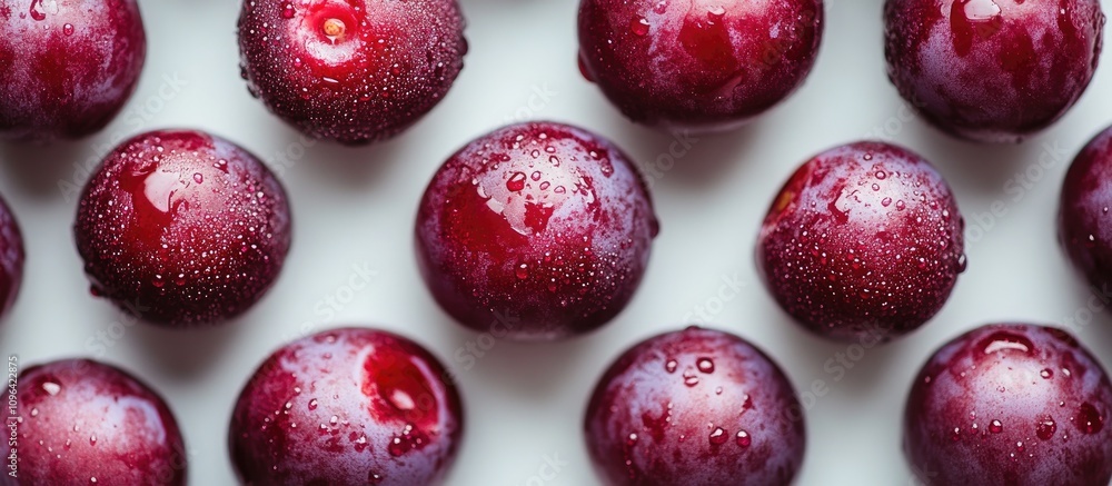 Poster freshly harvested ume plums with dew drops arranged in a neat pattern on a light surface showcasing 