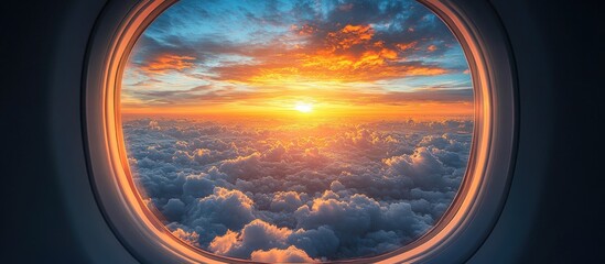 Fototapeta premium Vibrant sunset sky seen from an airplane window with clouds illuminated by golden hues during twilight.