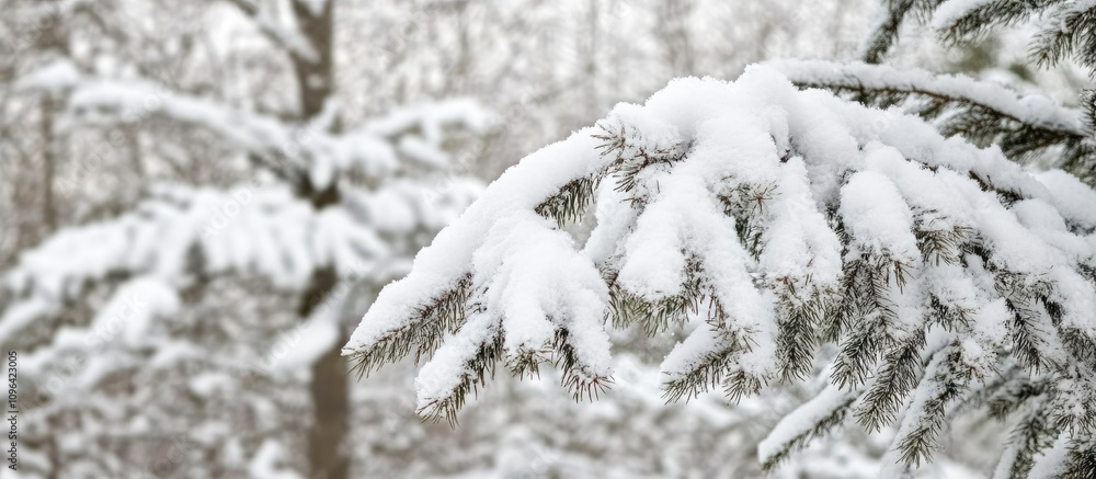 Poster snow-covered spruce branches in a winter park creating a serene natural landscape with blurred trees
