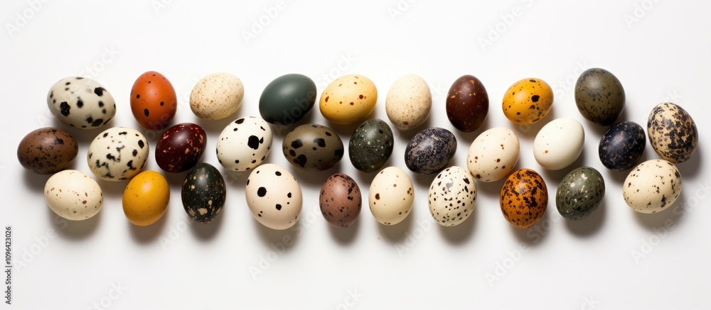 Poster variety of colorful quail eggs arranged on a white background with ample space for text perfect for 
