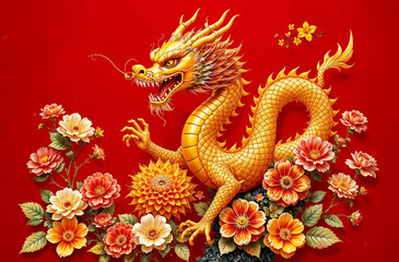 Obraz premium Vibrant golden dragon surrounded by colorful flowers on a bright red background celebrating cultural artistry and symbolism