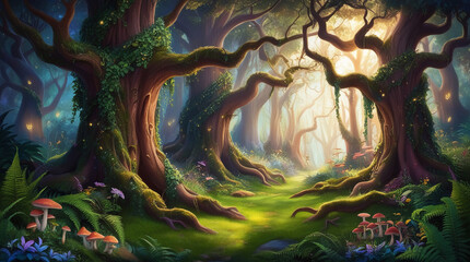 a lush painting of a fairy tale enchanted forest,