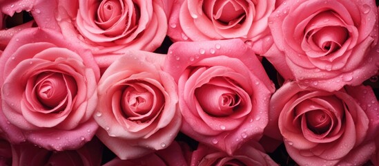 Obraz premium Pink roses with water droplets close-up macro image ideal for greeting cards and warm wishes celebrating love and beauty in nature