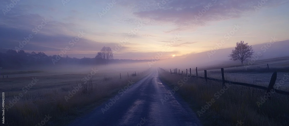 Aufkleber Misty dawn road journey through serene landscape with soft light and gentle fog over fields and trees