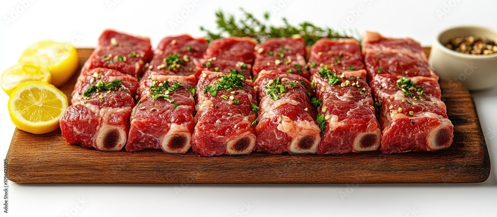 Poster fresh beef and pork rib sections garnished with herbs and garlic on a wooden cutting board with lemo