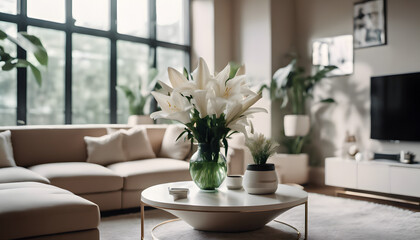 Modern living room interior with fireplace, adorned with a floral arrangement in a glass vase on the wooden table, bathed in soft natural light