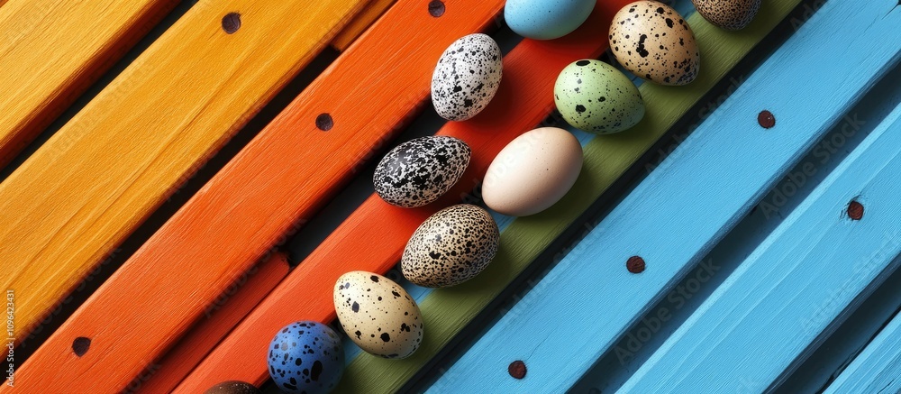 Poster quail eggs displayed on vibrant wooden planks with copy space for a fresh and colorful culinary conc