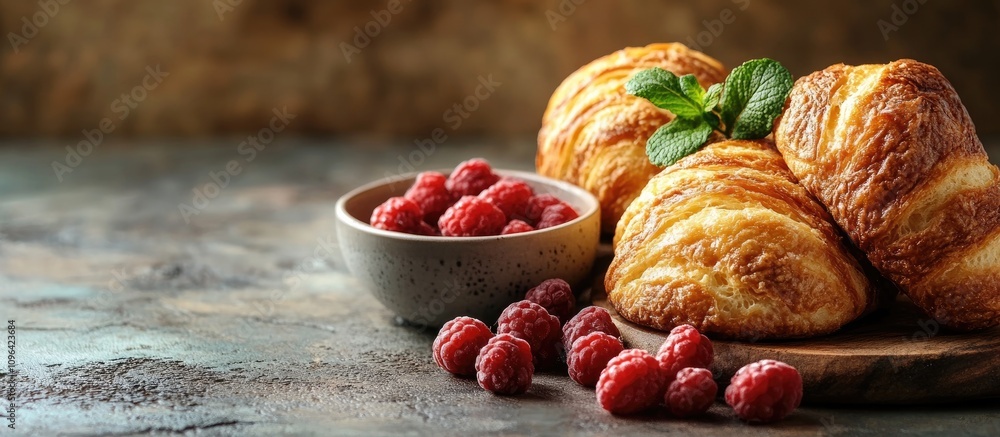 Poster breakfast scene with croissants and fresh raspberries on rustic table highlighting empty space for t