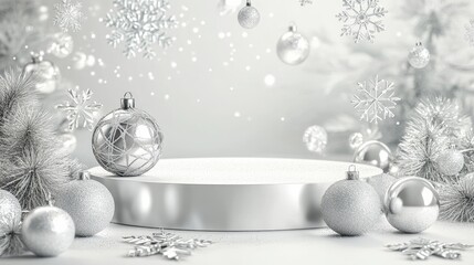 Elegant Silver Christmas Podium with Snowflakes - Festive silver podium adorned with sparkling snowflakes and ornaments, perfect for holiday product displays or winter themed designs. Symbolizes elega