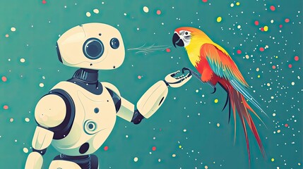 Naklejka premium A White Robot Reaches Out to a Colorful Parrot with a Teal Background