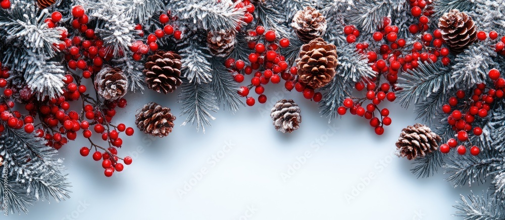 Poster winter festive backdrop with frosted tree branches pine cones and red berries creating a seasonal ar