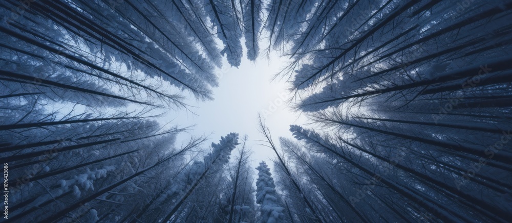 Poster winter forest canopy view with snow-covered trees and circular perspective showcasing serene natural